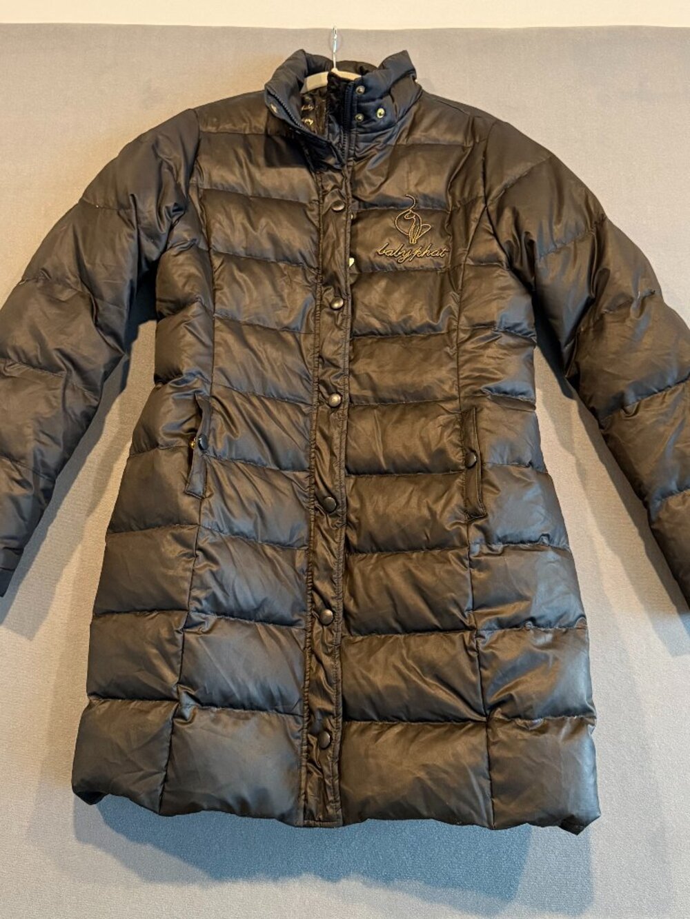 Baby Phat Black Long Puffer Coat Women’s L Y2K Gold Logo Jacket